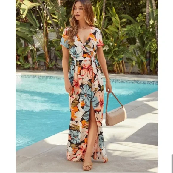 Vici Maxi Dress M Cadiz Floral Bardot Wrap Waist Tie Tropical Vacation - Picture 7 of 11